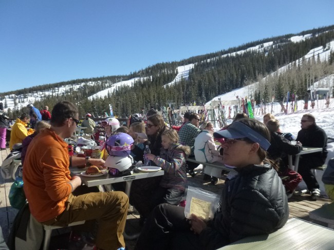 It was a beautiful almost Spring like day at Snowmass and the deck was packed for lunch at the Ullhof 
